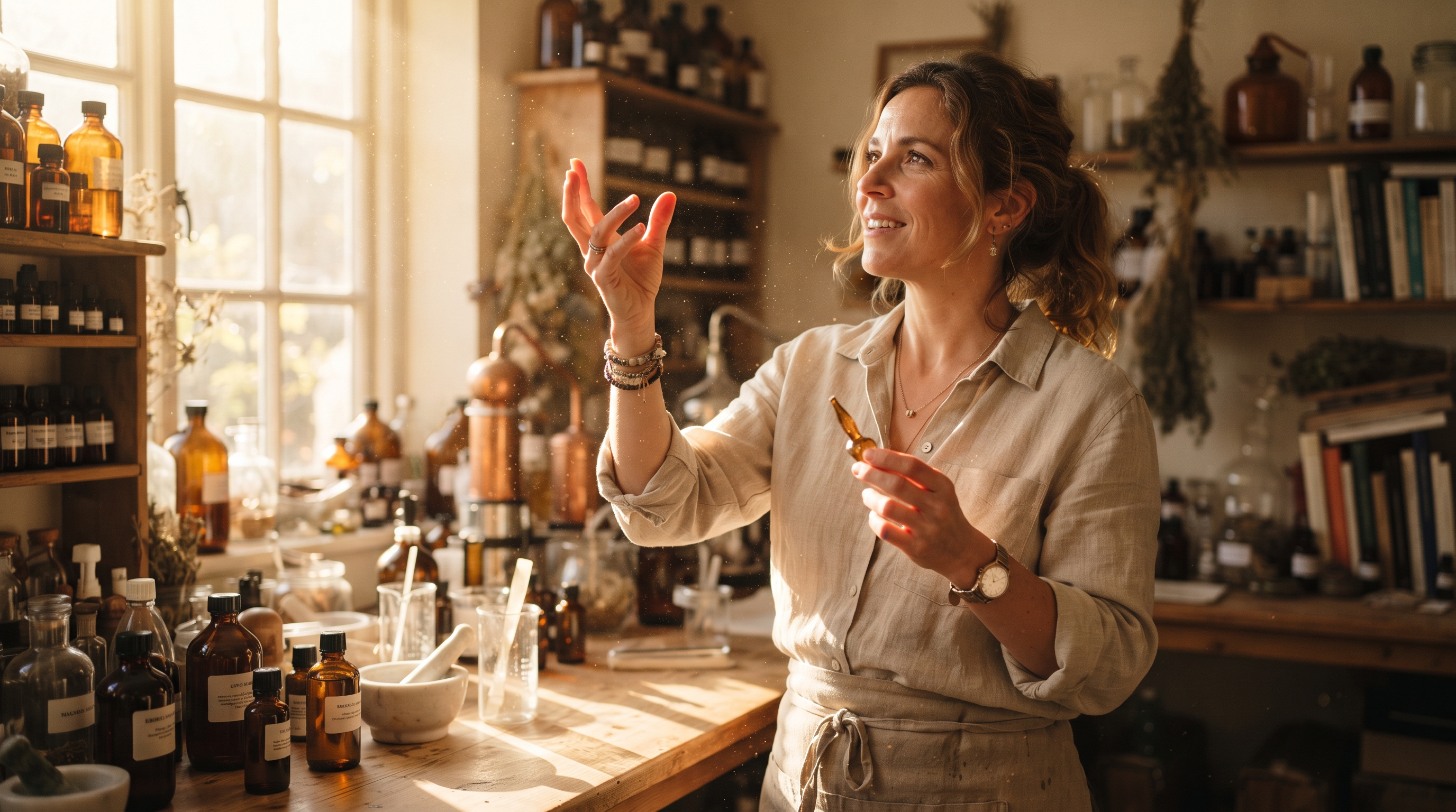 Creator studying a vial of essence in a sunlit studio